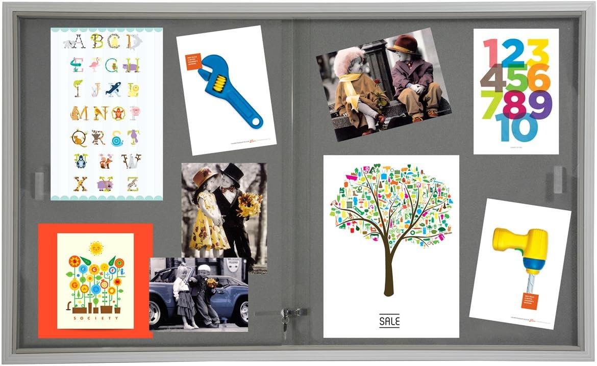 Displays2go 5' x 3' Indoor Bulletin Board with Sliding Glass Doors, 60 x 36 Enclosed Notice Board with Gray Fabric Interior, Aluminum (FBSD63SVLG)
