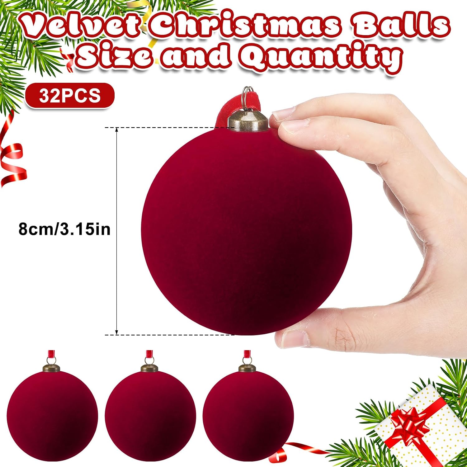 Arrowbash 32 Pcs Burgundy Velvet Christmas Balls Bulk - 3.15 Inch Flocked Christmas Tree Ball Ornaments Xmas Shatterproof Hanging Ornaments for Xmas Tree Garland Holiday Party Decoration