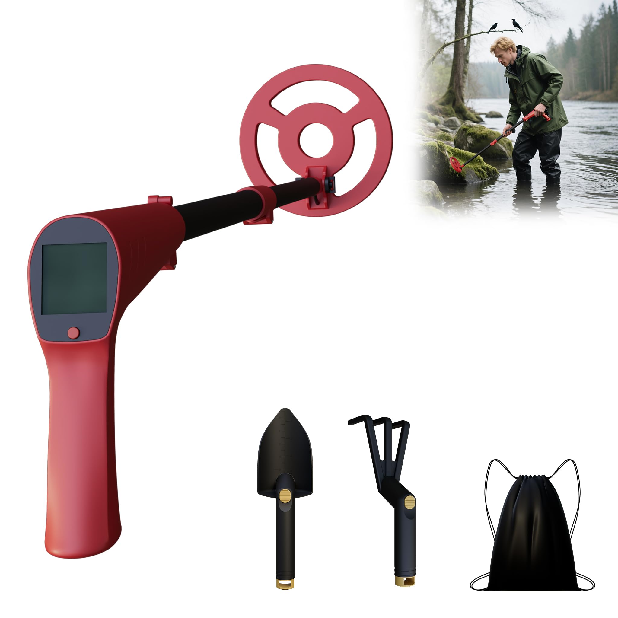 YRHome Detector de metales para niños – con pantalla LCD y bobina resistente al agua y mango largo – Incluye kit completo de excavación (pala, garra y bolsa), detector de metales rojo