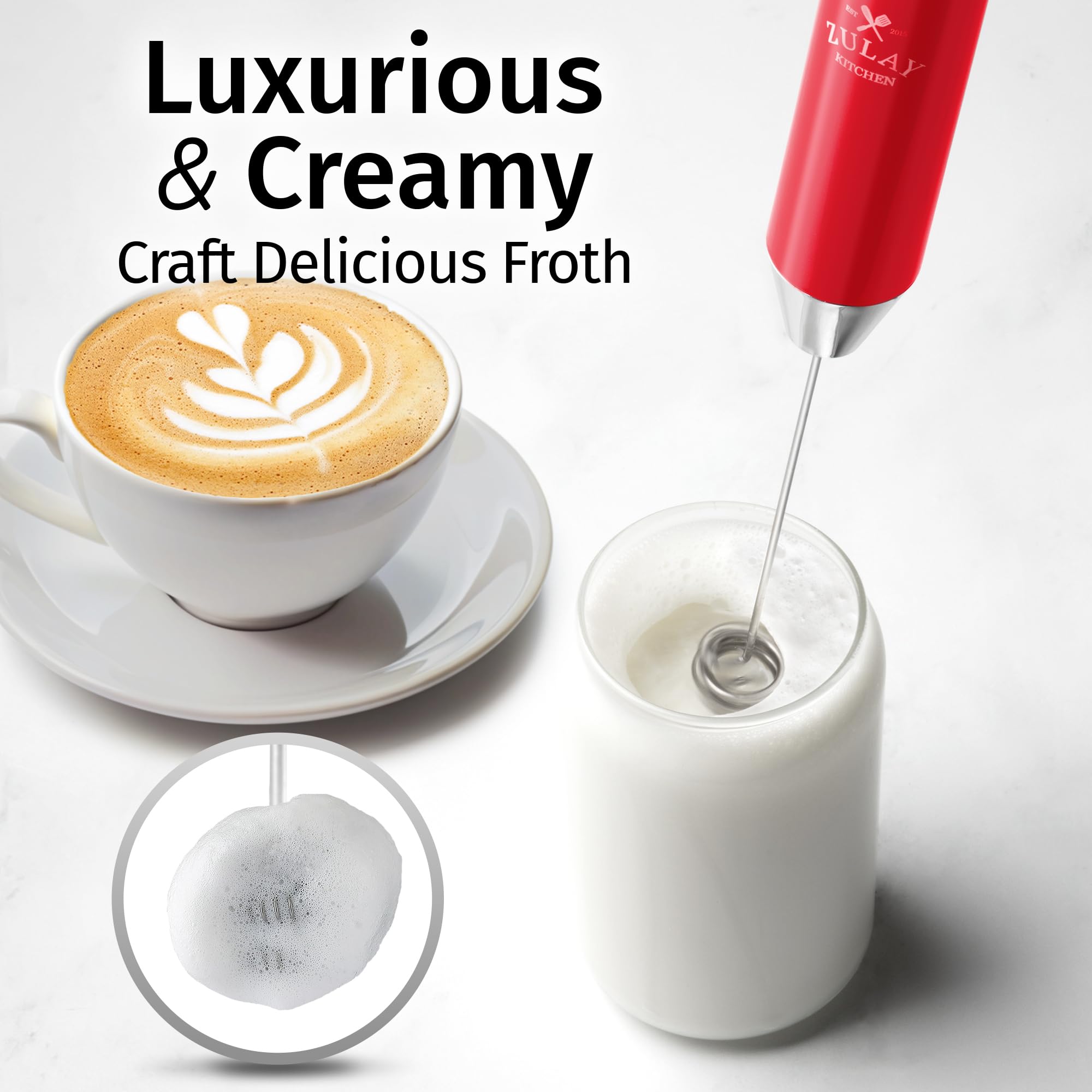 Zulay Kitchen Mousseur à lait portable rechargeable - Mousseur à boisson électrique pour cappuccinos, matcha et poudre de protéines - Double fouet Lux étanche à 2 vitesses - 2 000 mAh - Rouge