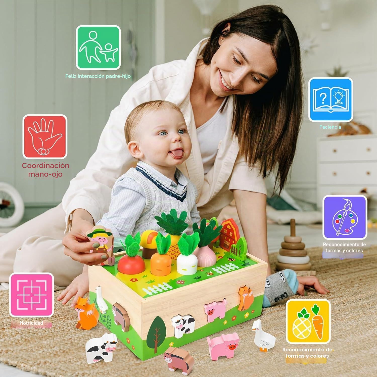Montessori Juguete de madera para niños de 1, 2 y 3 años, juego de granja con animales y verduras, regalo para niñas y niños