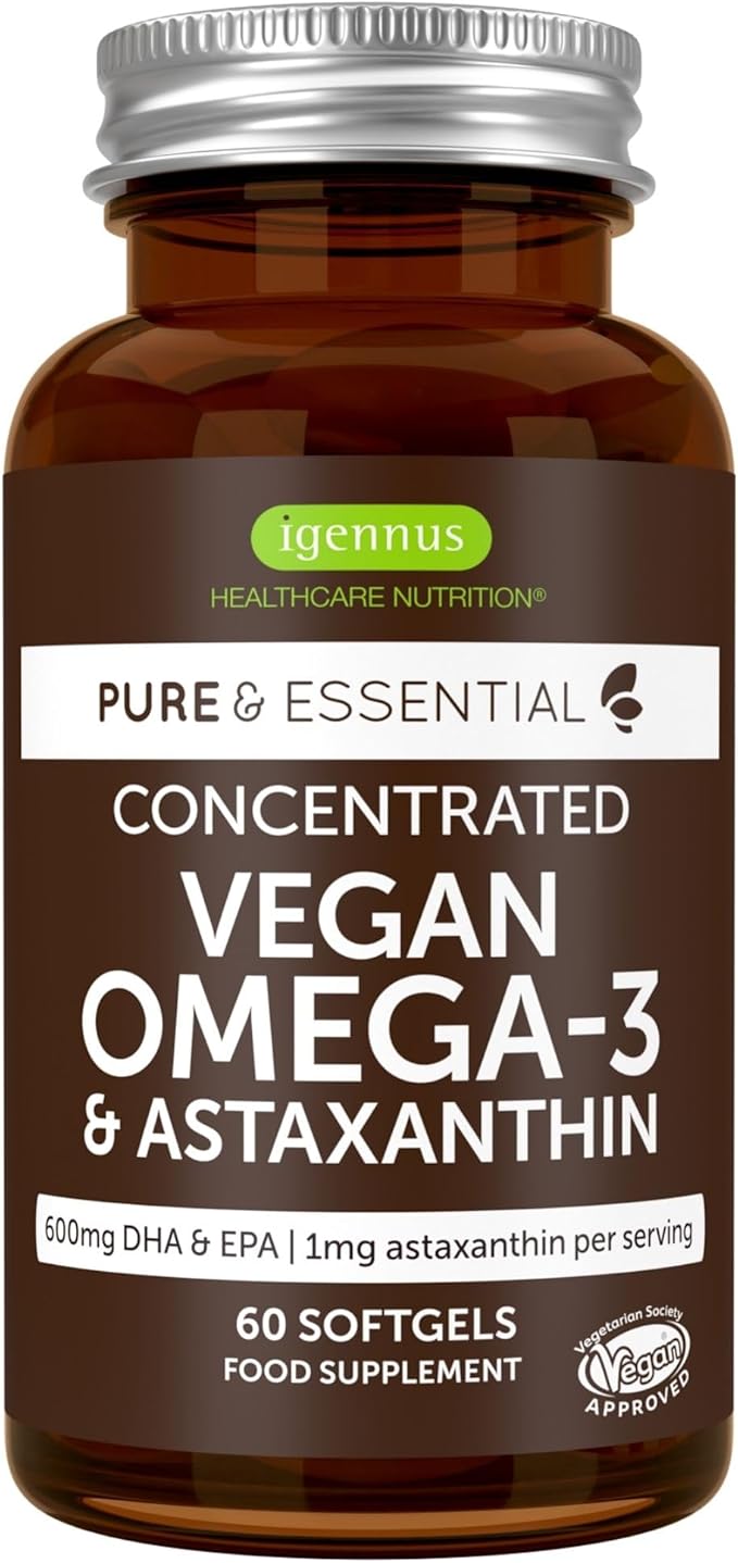Omega 3 Vegano de Aceite de Algas con Astaxantina - 1344 mg Omega 3, 60 Cápsulas Blandas