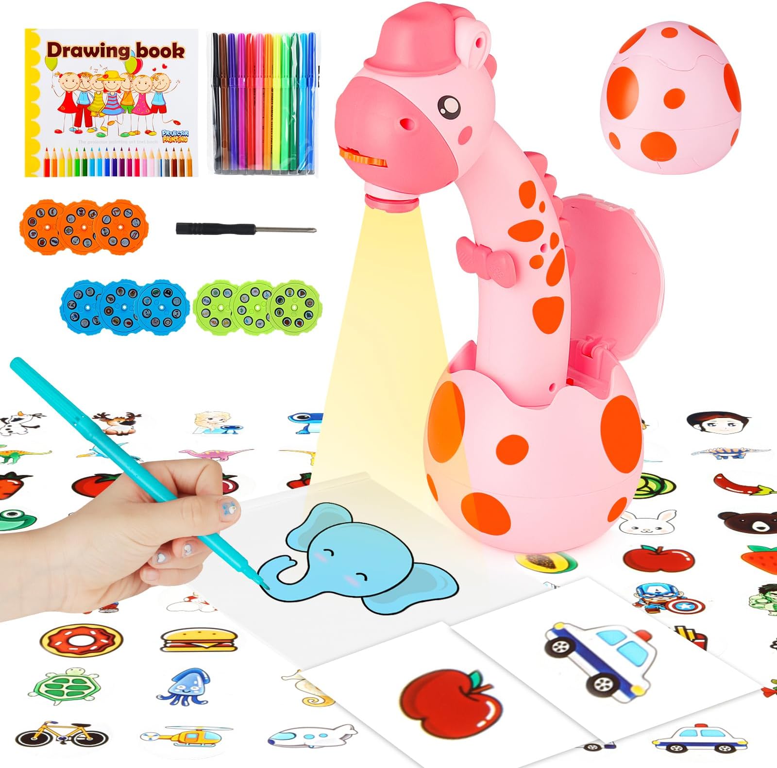 Drawing Projector for Children, Painting Board, Magic Board, Projector Track and Draw Toy, Children's Drawing Board, Drawing Play Set, Birthday Gifts for Girls, Boys, 3, 4, 5, 6 Years Old (Pink