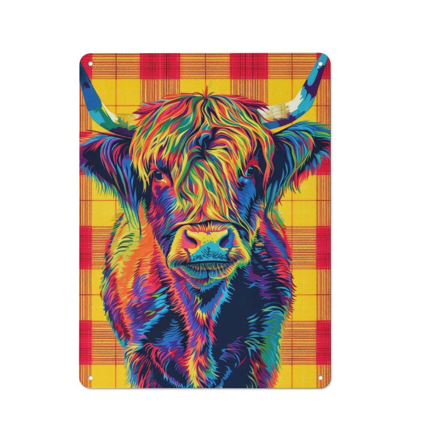 Junmoney Style-14 Tartan Highland Cow Printed Metal Sign 40X30cm For Café Or Home Bar, For Kitchen And Home Bar Decor, For Cafés, Pubs And Restaurants