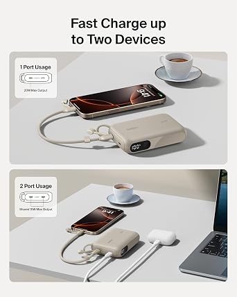 Belkin Portable Charger, Slim USB-C Power Bank 10,000mAh w/ 2 USB-C Ports, Digital Battery Display, 20W Charging Battery Pack - iPhone 17, Air, Pro, Samsung Galaxy S25, Pixel 10, iPad, More - Sand