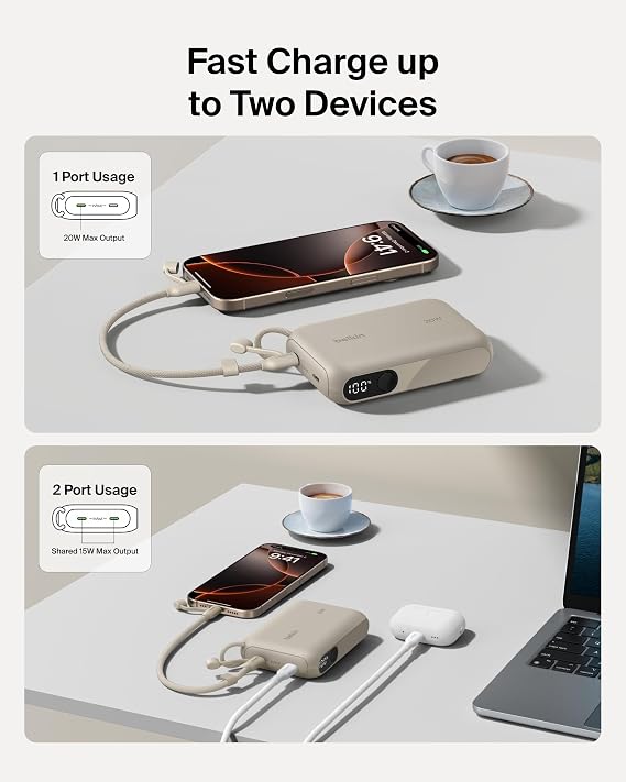 Belkin Portable Charger, Slim USB-C Power Bank 10,000mAh w/ 2 USB-C Ports, Digital Battery Display, 20W Charging Battery Pack - iPhone 17, Air, Pro, Samsung Galaxy S25, Pixel 10, iPad, More - Sand