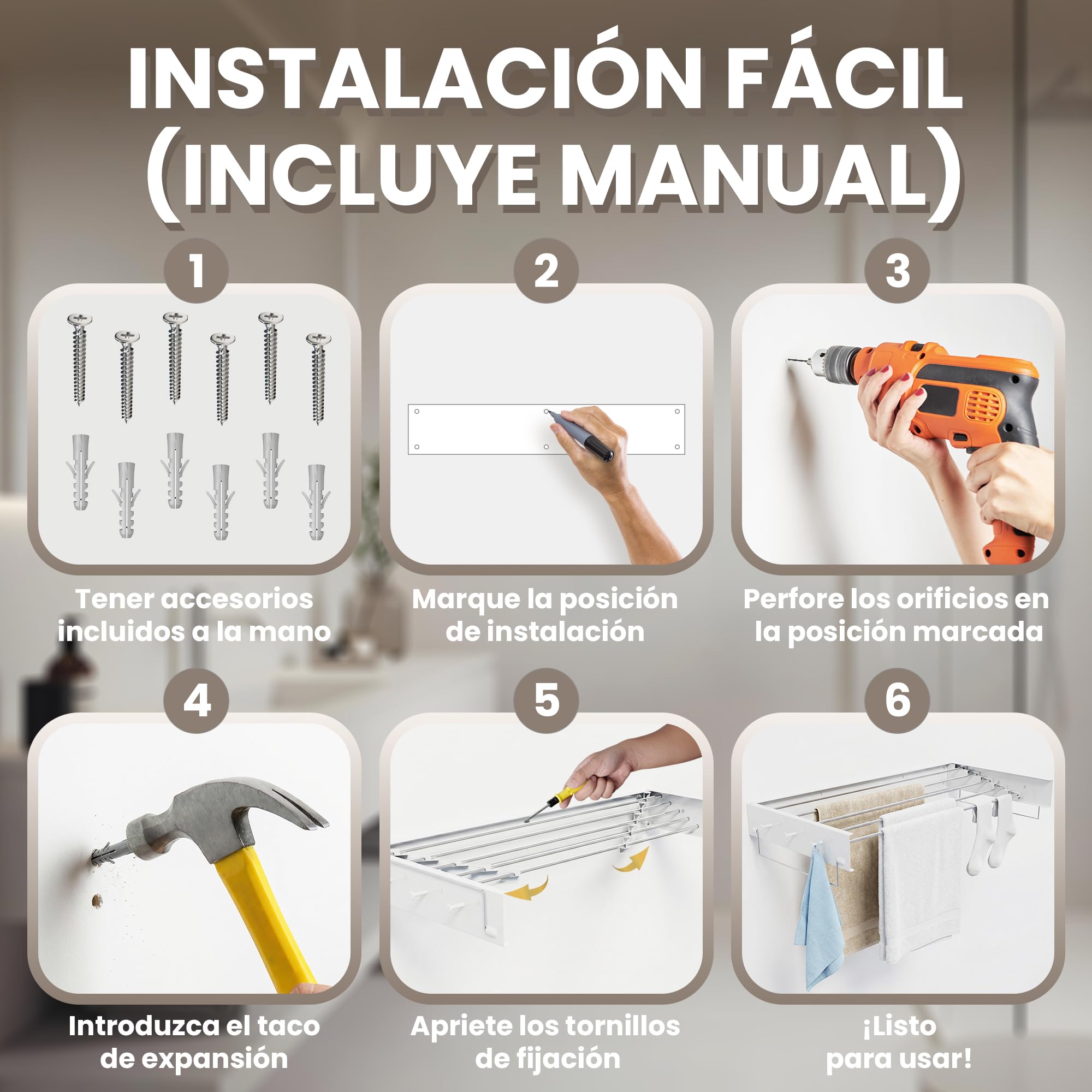 Tendedero Pared Plegable Extensible 100 Cm Aluminio Blanco Resistente Anticorrosión Para Baño Lavadero Balcón Con 5 Varillas 6 Ganchos 2 Soportes Colgantes Ahorra Espacio Secado Eficiente (grande)