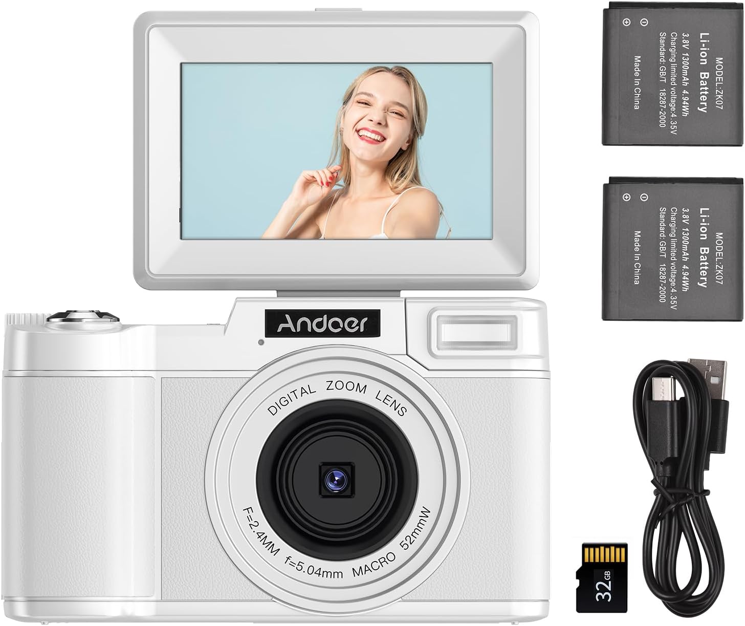 Andoer 4K Digital Camera Kids Camera 48MP Point and Shoot Camera with 3.0-inch TFT Rotatable Screen Ultra HD 16X Zoom Anti-Shaking Portable Camera with 2pcs Batteries 32GB Memory Card