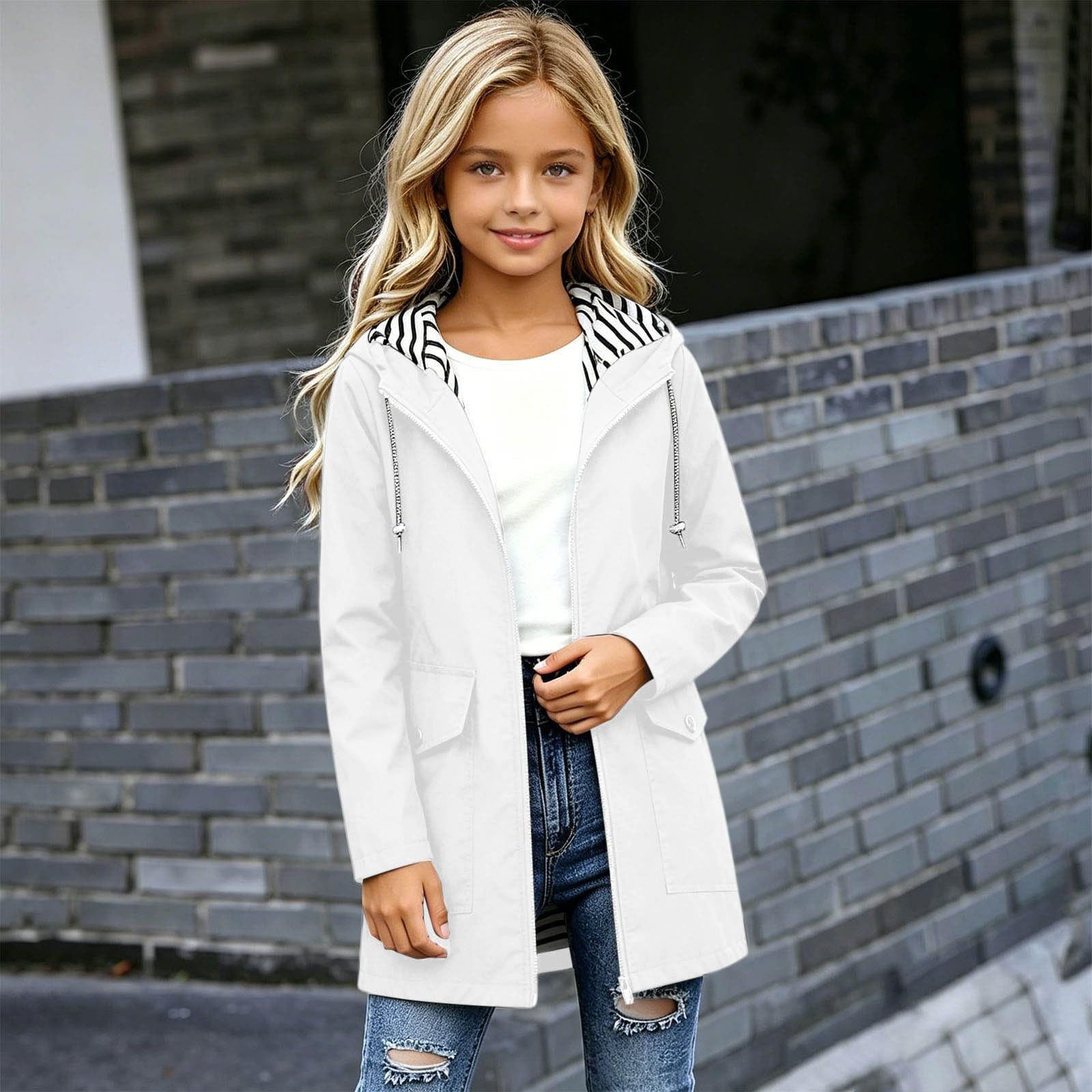 Chaqueta impermeable lisa para niñas, ligera y cómoda para todo tipo de clima. Diseño fácil de poner y quitar.