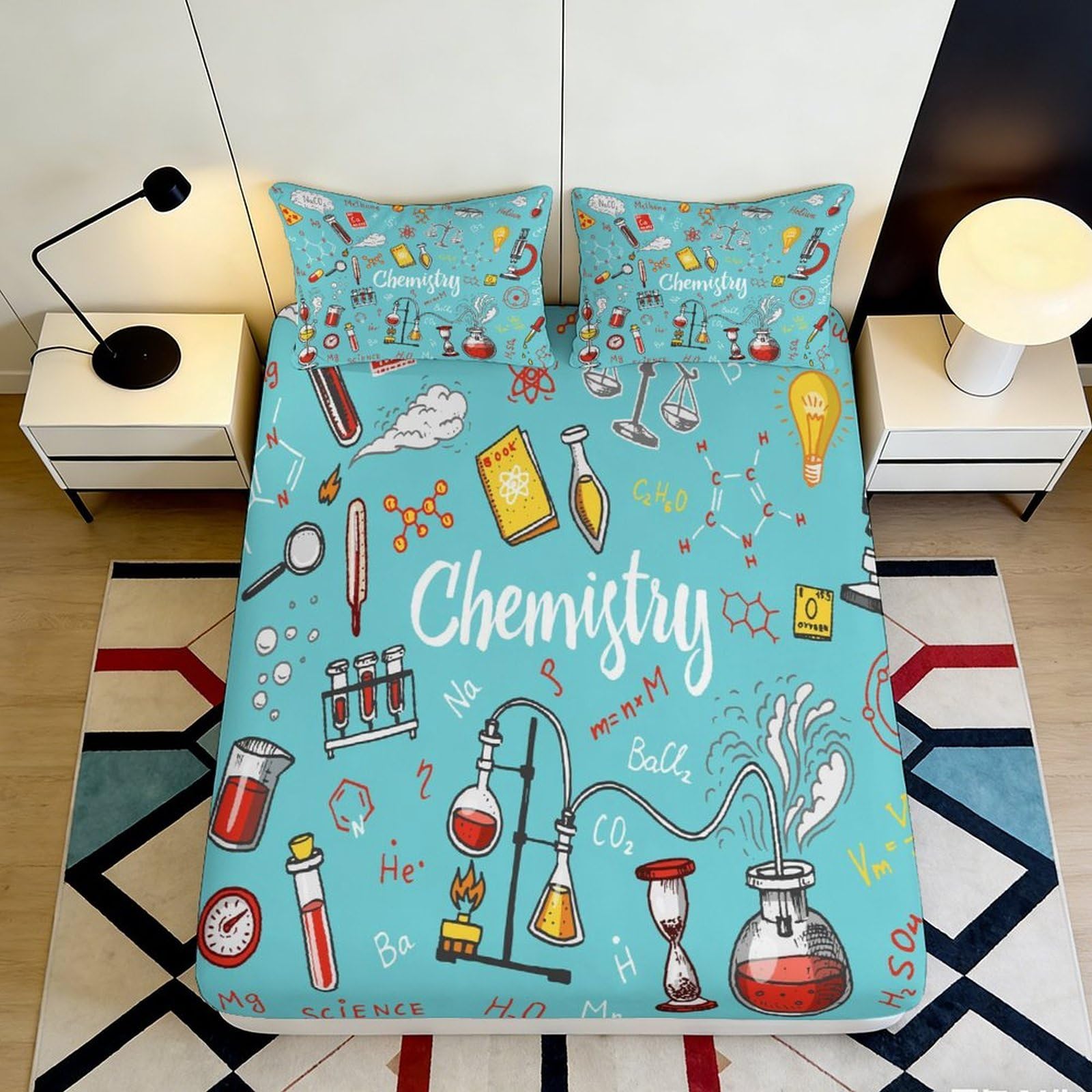 3D Printed Chemistry Laboratory Fitted Sheet Microfiber Blue Science Pattern Bed Cover for Bedroom Dorm Decor Mattress Protector 90x200x25cm