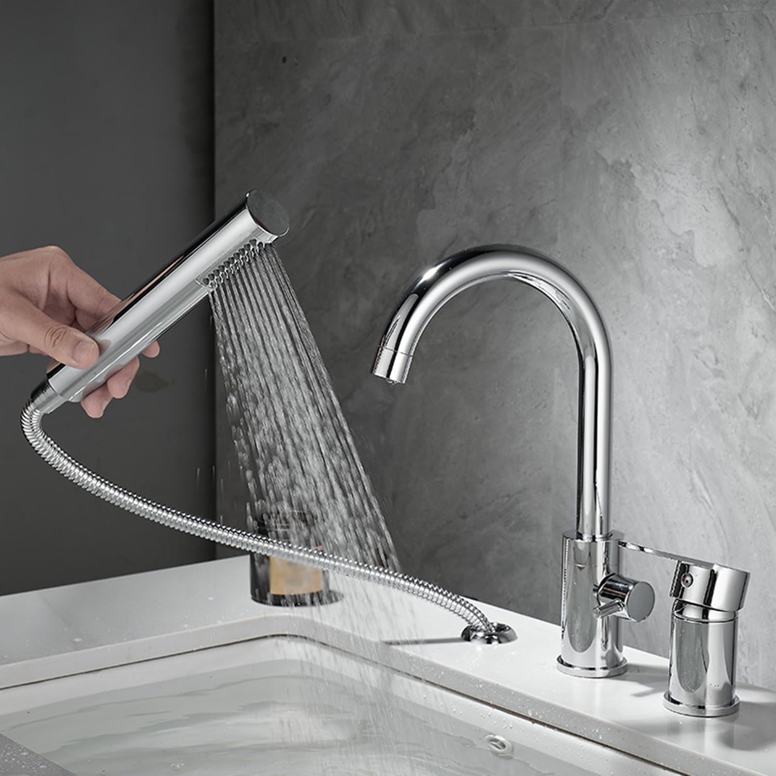 Grifo Moderno para Bañera de 3 Orificios Monomando Rotación de 360° Latón Agua Caliente O Fría para Lavabo Y Bañera Grifos Mezcladores para Bañera con Ducha Color Plata