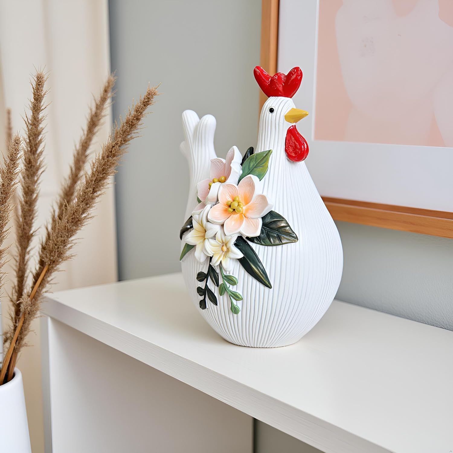 White Hen Statue Decorative Sculpture, Resin Table Art Figurine Decoration,Outdoor Garden,Indoor Home Decor,Rustic, Farm Animal,7 Inches