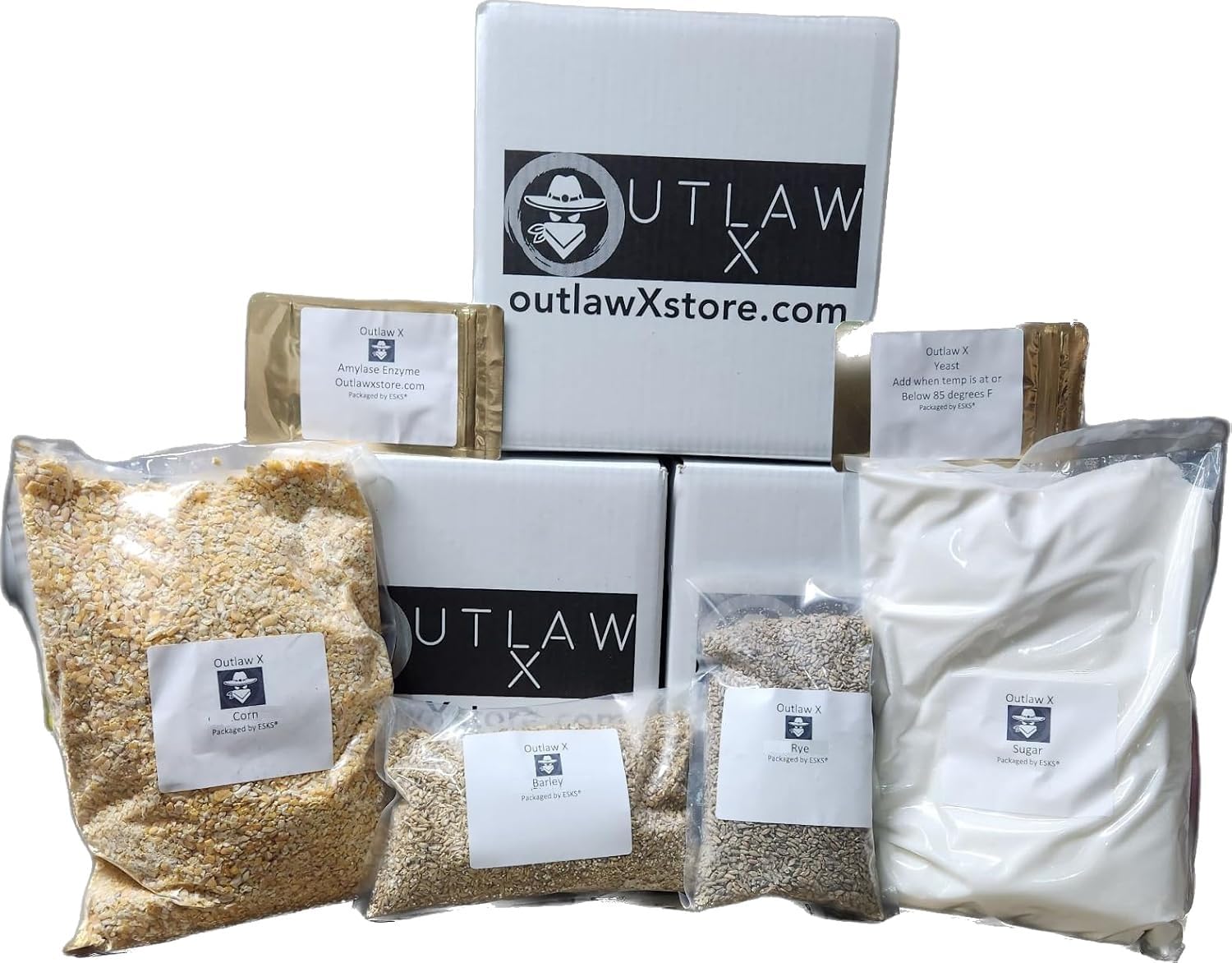Outlaw X Complete Cracked Corn, Malted Barley & Rye Whiskey Mash & Fermentation Ingredients Kit