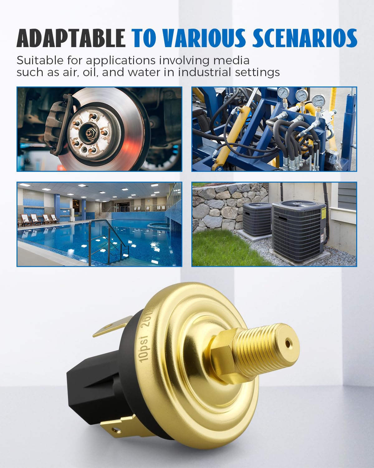 Adjustable Air Pressure Switch 10psi±2psi Pressure Control Fit for Air Oil Water and Vacuum Applications, Pressure Switch for Air Compressor