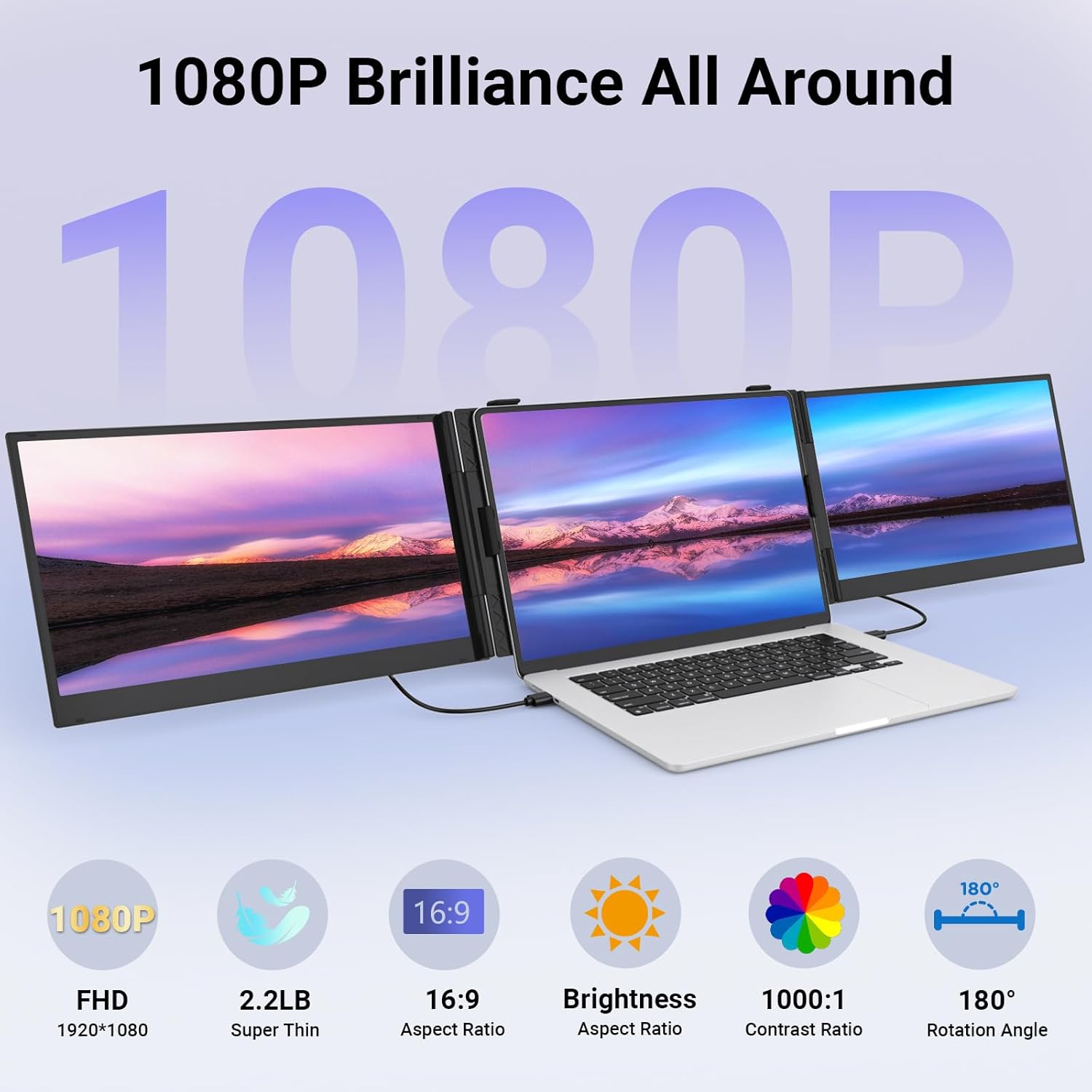 14" Triple Laptop Screen Extender, Ultra-Thin FHD 1080P Portable Monitor, 2.2lbs Lightweight Plug & Play Travel Monitor for 13"-17" Laptops, Compatible with Windows/Mac/Android/Chrome