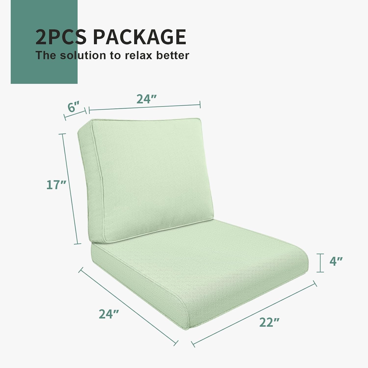 22x24 Inch Outdoor Seat Cushions 4" Thick, High Density Foam Patio Deep Back Chair Cushions, Water Repellent Replacement Cushions with Removable Cover for Patio Sofa Bench Swing, Light Green