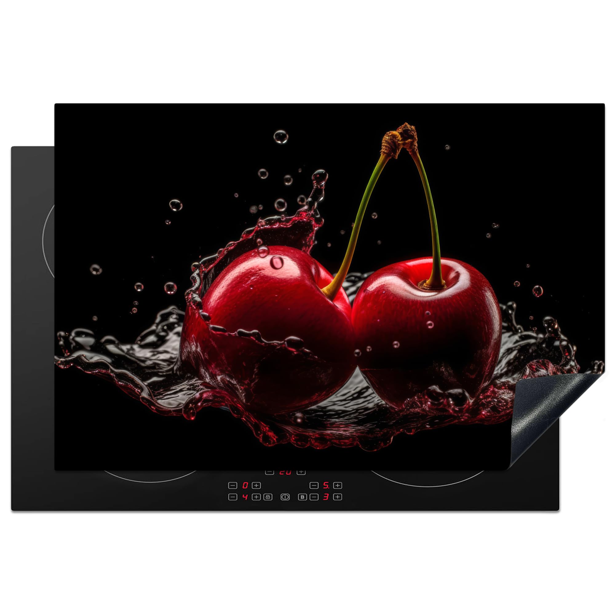 KitchenYeah© Induction Hob Protector Mat 20.3"x29.9" / 76x51.5 cm Stove Cap Top Cover Kitchen Cooker Covers for Electric Hobs Vinyl Cherries - Red - Fruit - Water - Black