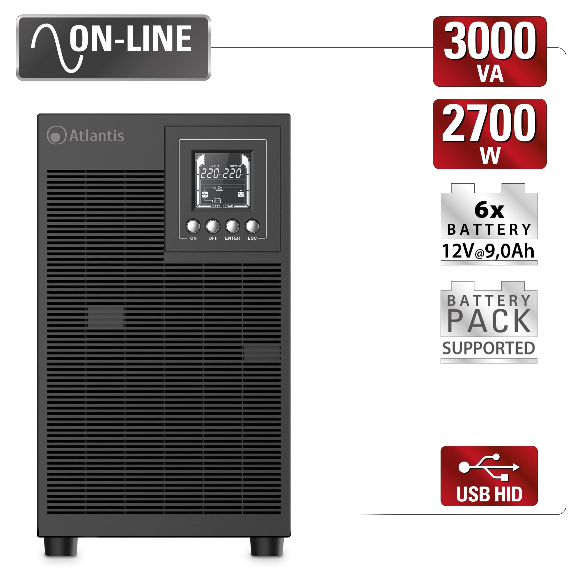 Atlantis A03-OP3002P PRO UPS OnLine Gruppo di Continuità 3000VA 2700W Tower LCD USB RS-232 4 Uscite IEC SNMP