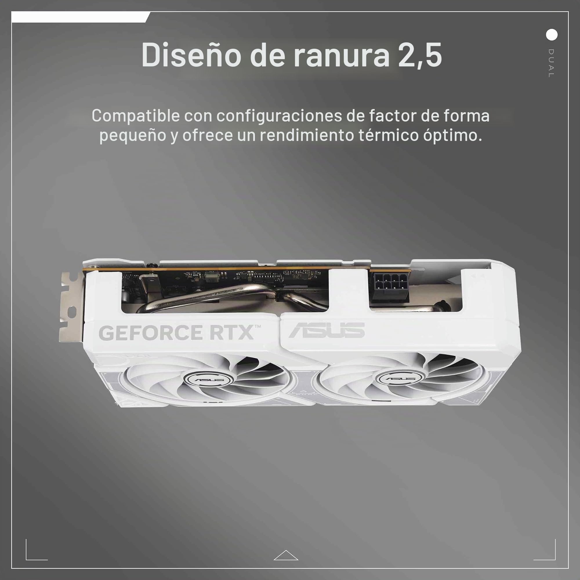 ASUS Dual GeForce RTX 5060 8GB GDDR7 White Edition (PCIe 5.0, 8GB GDDR7, DLSS 4, HDMI 2.1b, DisplayPort 2.1b, 2.5 Ranuras, diseño de Ventilador de tecnología axial, tecnología 0dB, BIOS Dual y más)
