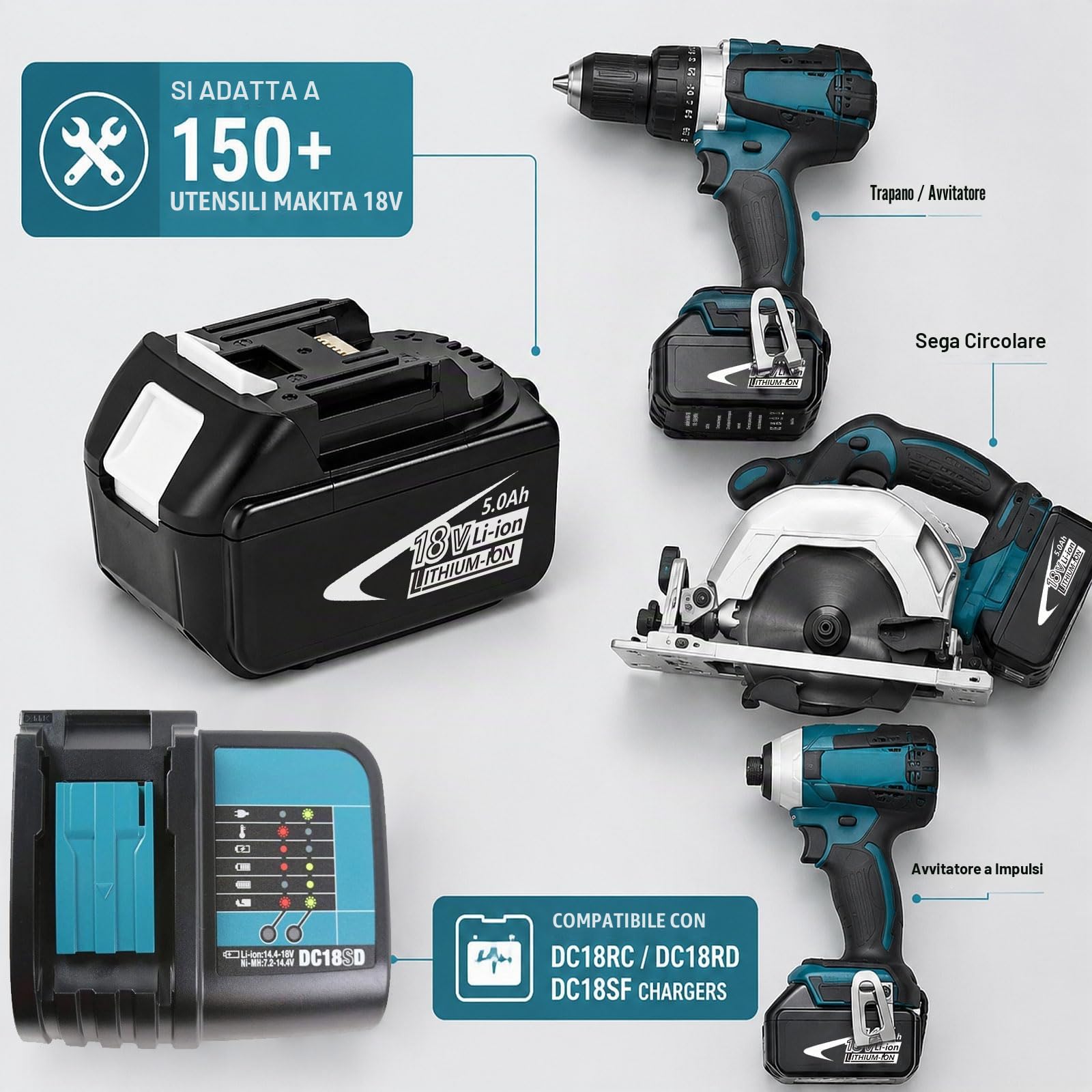 Batteria di Ricambio per Makita 18V 5.0Ah, Batteria agli Ioni di Litio Compatibile con BL1830 BL1840 BL1850 BL1860 BL1830B BL1840B BL1850B BL1860B, Indicatore LED, per Trapani e Utensili LXT