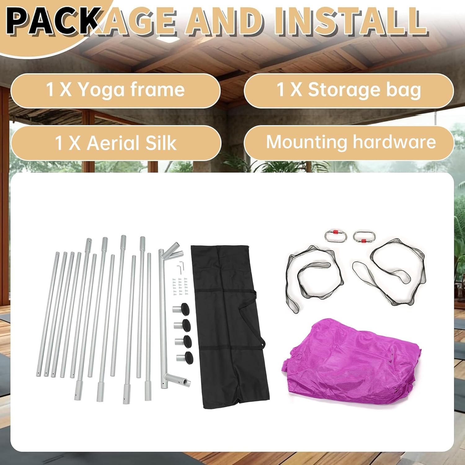 HECASA Yoga Stand W/Aerial Silks, 8.1ft Yoga Frame W/20ft Purple Aerial Silks Hammock Swing Set for Outdoor Indoor Fitness Bodybuilding 600LBS Height Adjustable -Two Packages