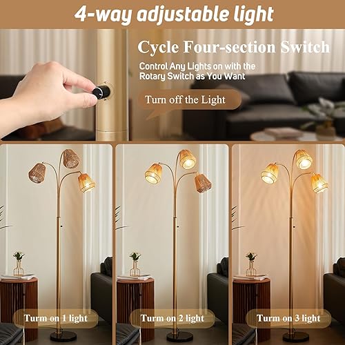 Miniatura 2 de Lámpara de pie de ratán dorado para sala de estar, lámpara de pie bohemia de 72 pulgadas de alto con interruptor giratorio, lámpara de arco de 3