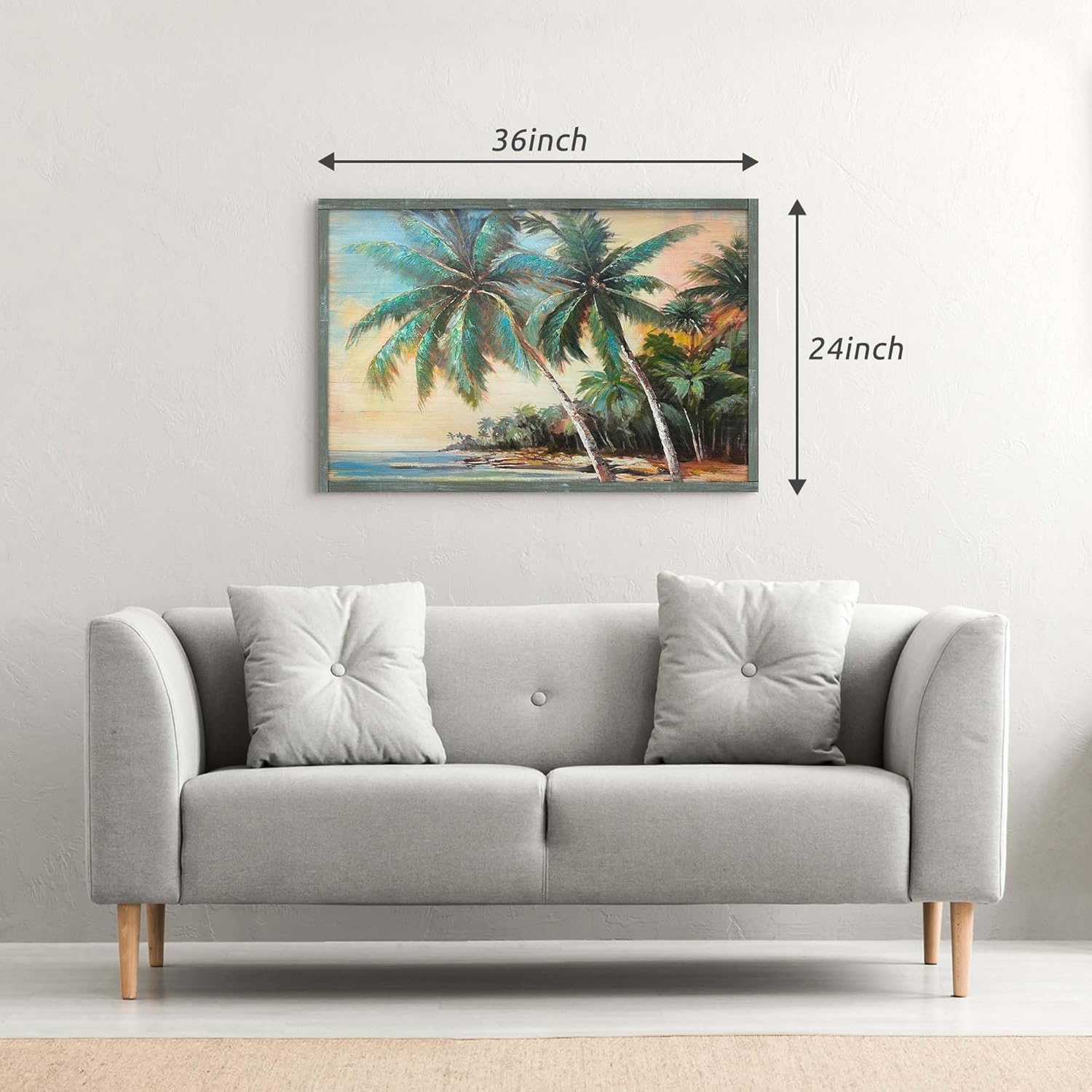 Framed Coastal Beach Wall Art: Palm Trees Picture Hand Painted Tropical Seaside Print Abstract Seascape Painting Artwork Living Room Bedroom Home Wooden Decor