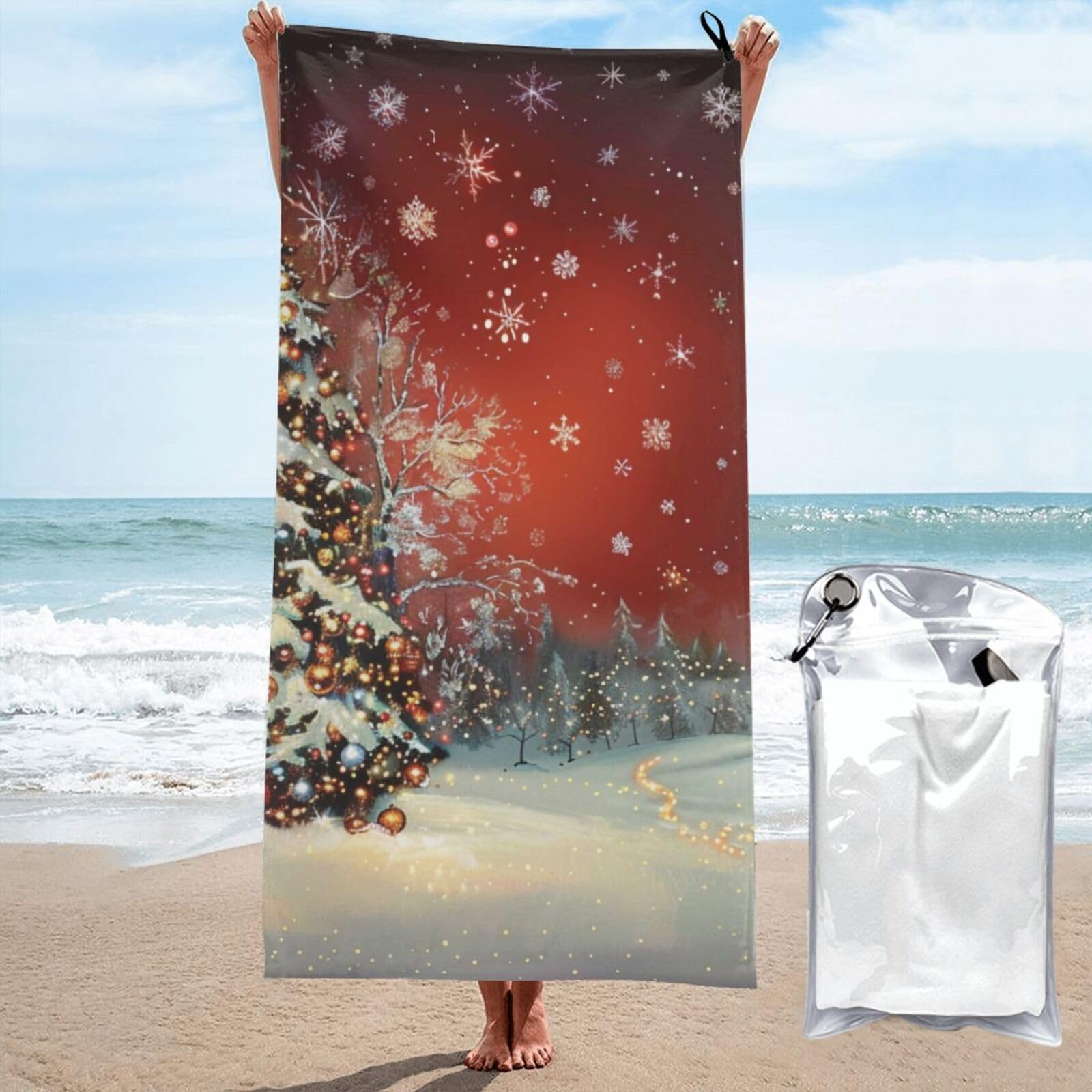 kkvhhyuo Microfiber Beach Towel, Christmas Printed Lightweight Quick Dry Travel Bath Sheet with Compact Carry Bag for Swimming Yoga Camping Gym,31.5"x63"