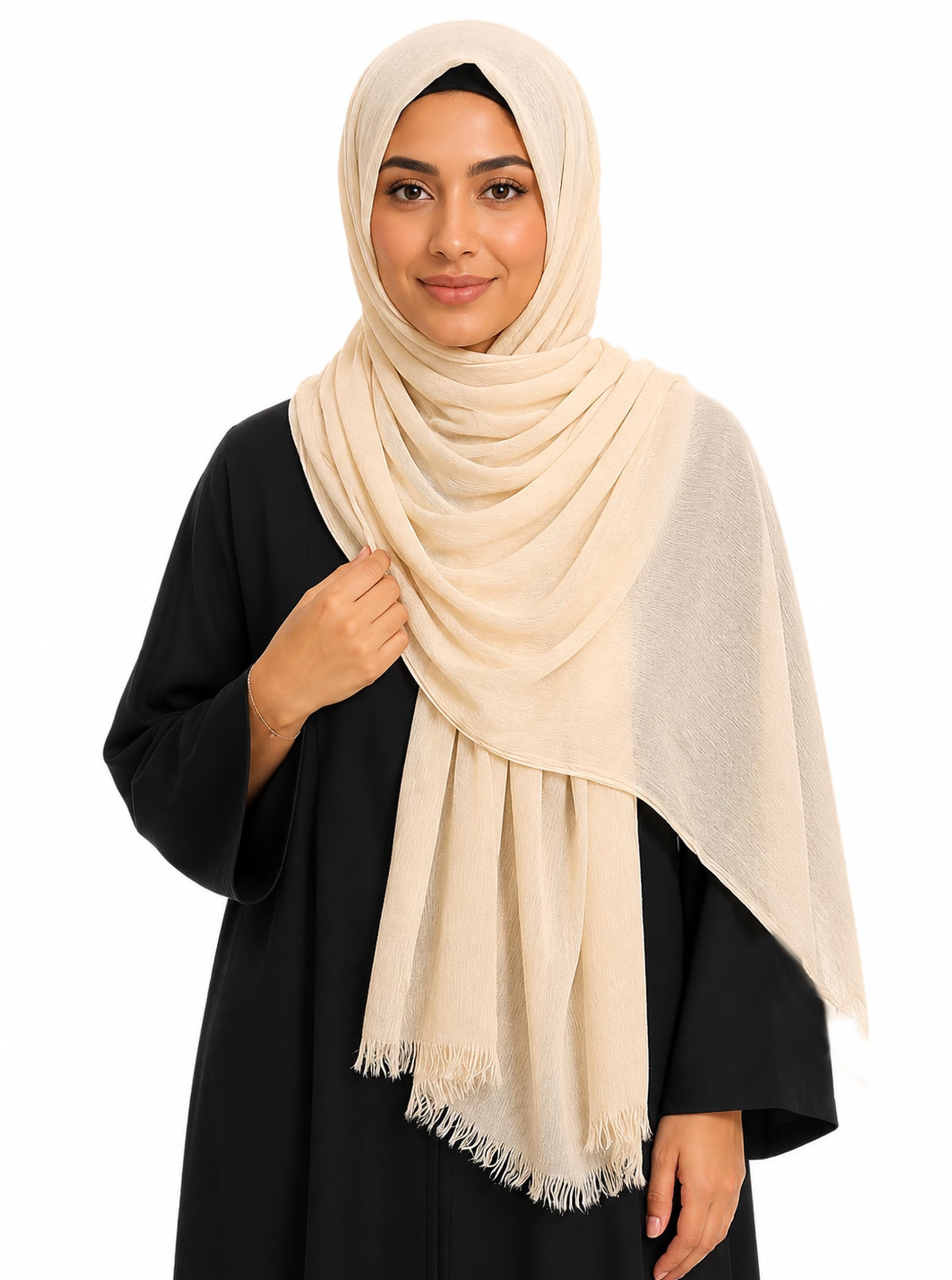 MiaoChoice Cotton Linen Plain Hijab Scarf For Women,Muslim Viscose Crinkle Edge With Fringe,Summer Beach Wrap Headwraps Shawl