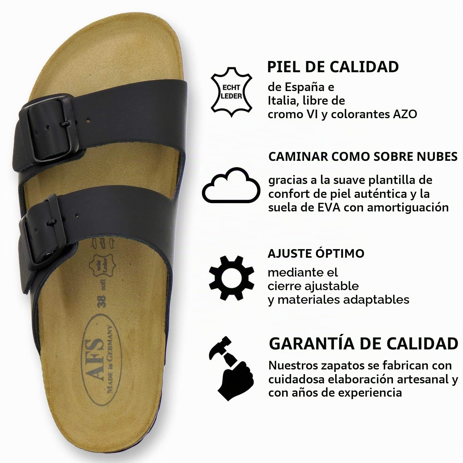 AFS-Schuhe 2100 - Chanclas cómodas para mujer de piel auténtica, prácticas zapatillas de trabajo, zapatillas de estar por casa, hechas a mano en Alemania, color Negro, talla 42 EU