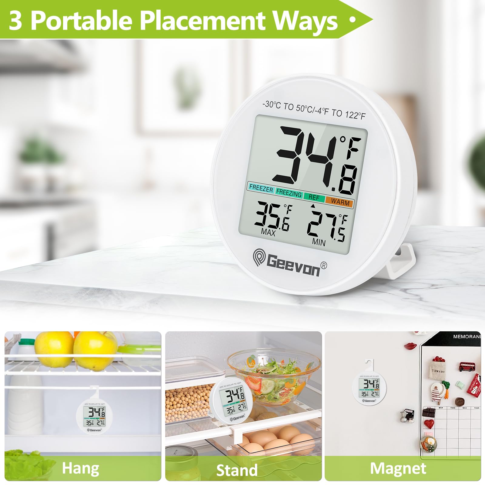 Geevon Termómetro para nevera, mini LCD digital, IP65 impermeable, función de indicador de temperatura del refrigerador, parte trasera magnética de soporte, registro mínimo máximo, termómetros de