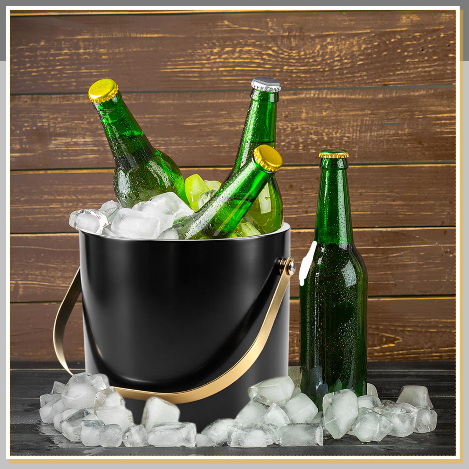 Anvin Cubo de hielo de acero inoxidable de doble pared de 3 L con pinzas, cuchara y colador de hielo, enfriador de cóctel aislado, soporte para champán, accesorio lateral para barbacoas, fiestas
