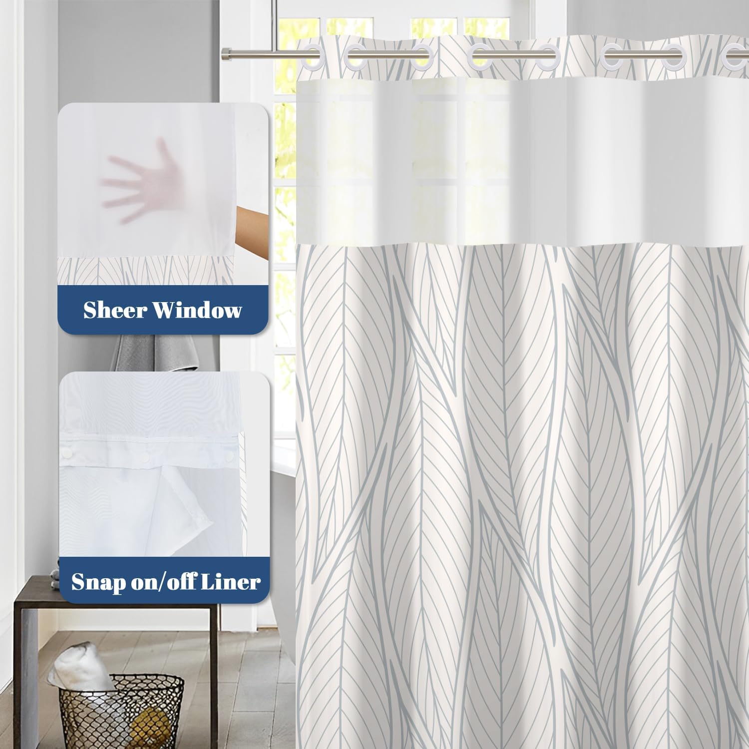 no hook shower curtain with snap in liner set, minimal gray leaf line art print waterproof fabric bath tub curtain with mesh top for scandinavian spa & neutral bathroom decor, 71w x 74h geometric-2