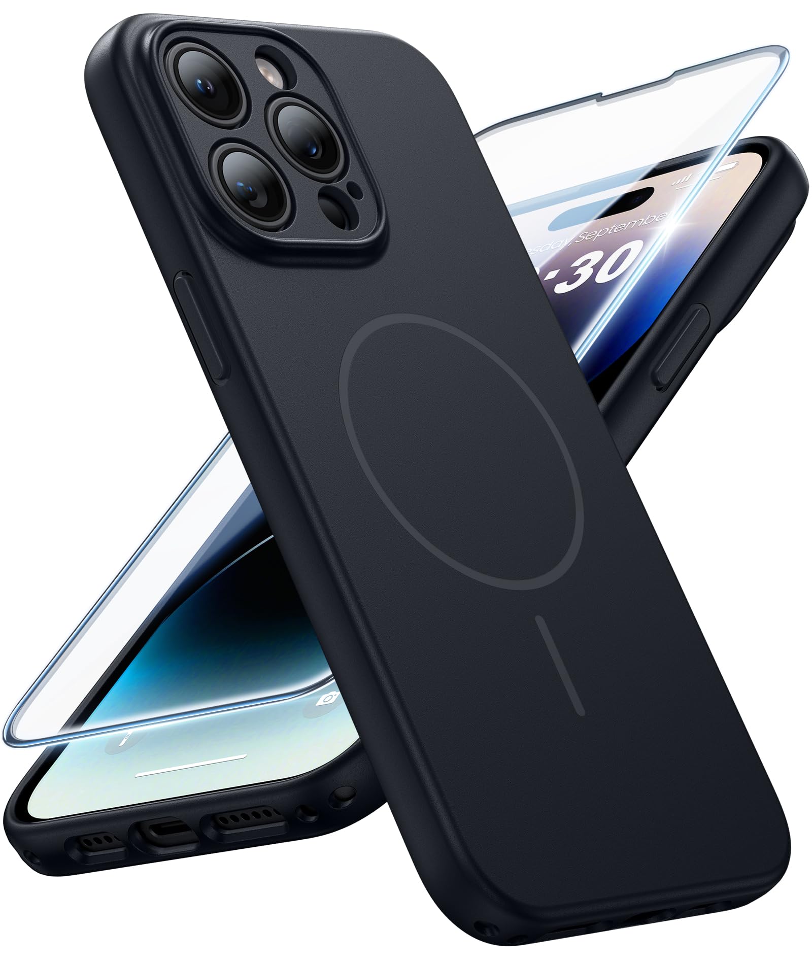 FNTCASE for iPhone 14 Pro Max Case Black: Compatible with MagSafe | With Screen Protector, Translucent Magnetic Full Camera Protection, 14FT Military Grade Drop Tested, Matte Shockproof Cover