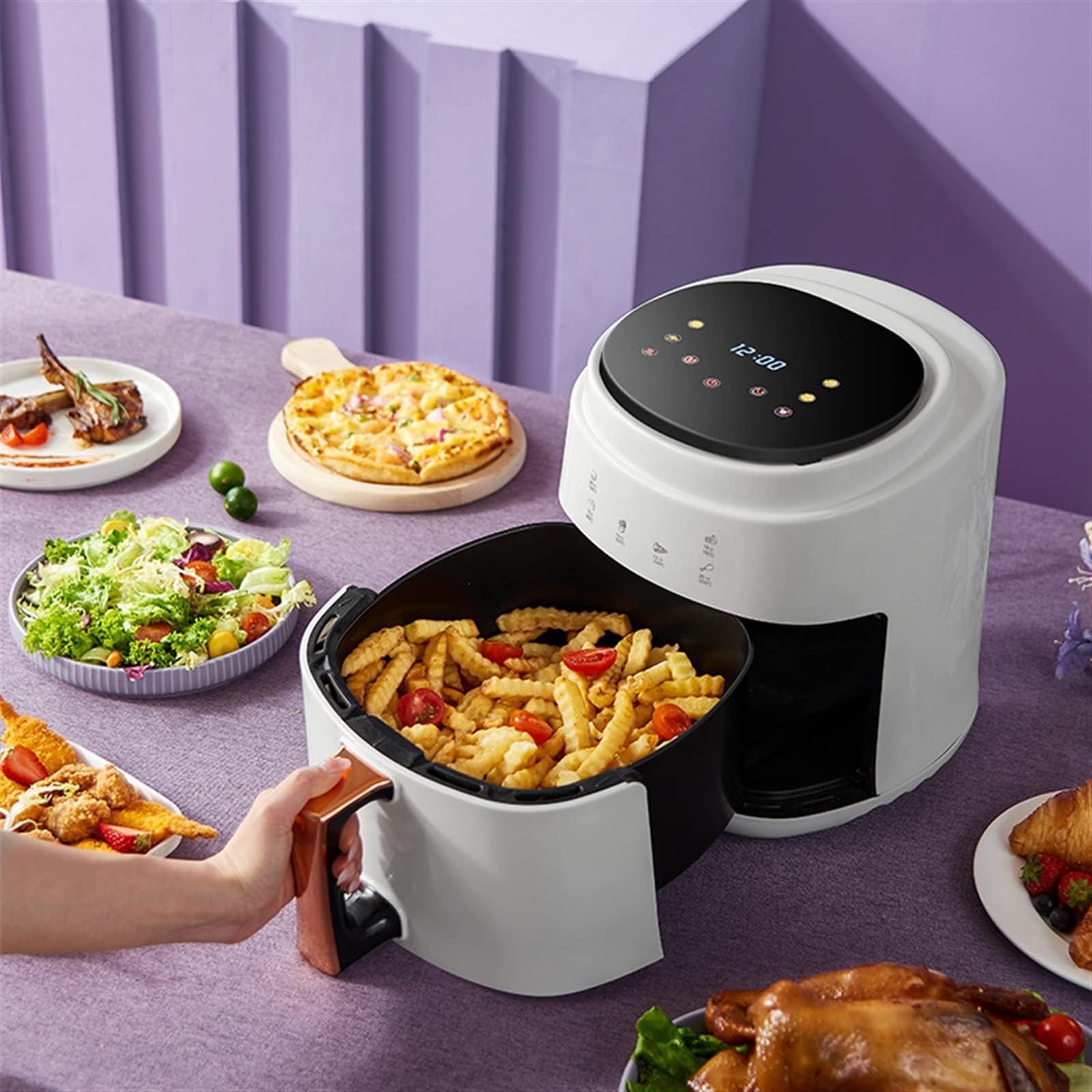 Horno freidora de aire con circulación rápida de aire, sin aceite, temporizador de 60 minutos, temperatura ajustable, cesta antiadherente, receta incluida, control inteligente para comidas familiares