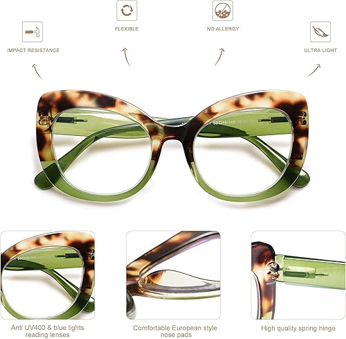 Miniatura 4 de AMOMOMA Paquete de 3 elegantes lentes de lectura de gran tamaño con ojo de gato para mujeres, lectores de moda, anteojos cuadrados de luz azul,
