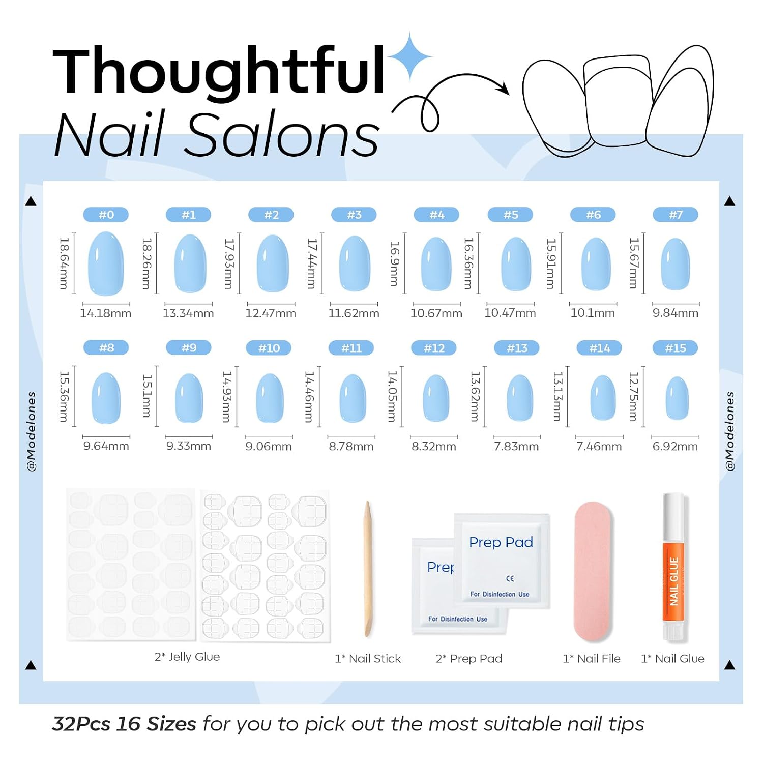 modelones Blue Short Press on Nails, Oval Fake Nails Kit Press Ons with Nail Glue, Adhesive Tabs, Nail File, Prep Pad, Manicure Stick, 32Pcs 16 Sizes, Spring Women Girl Gift