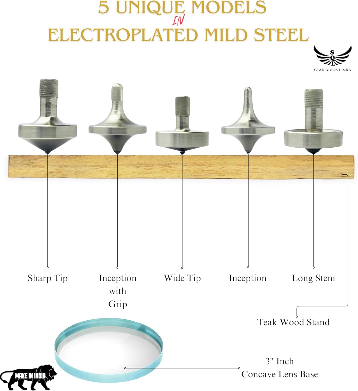 Premium Polished Spinning Top with 3 mm Stainless Steel Ball Tip High Performance Metal Top Spinner (5 in 1, Electro Plated Mild Steel)