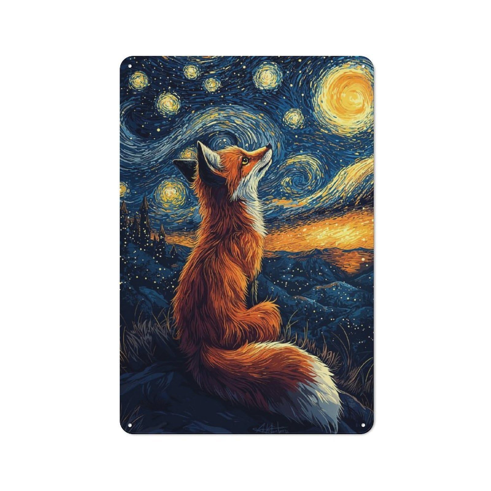 Understated Office Metal Sign 30x20cm Featuring Fox Under Starry Night, Studio Wall Plaque for Office, Study, Studio Or Hallway