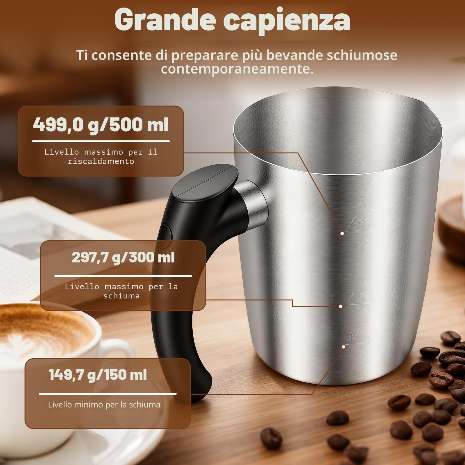 Montalatte elettrico – Montalatte 5 in 1, contenitore in acciaio inox da 500 ml, contenitore rimovibile e lavabile in lavastoviglie, controllo della temperatura, per latte caldo e freddo, cappuccino