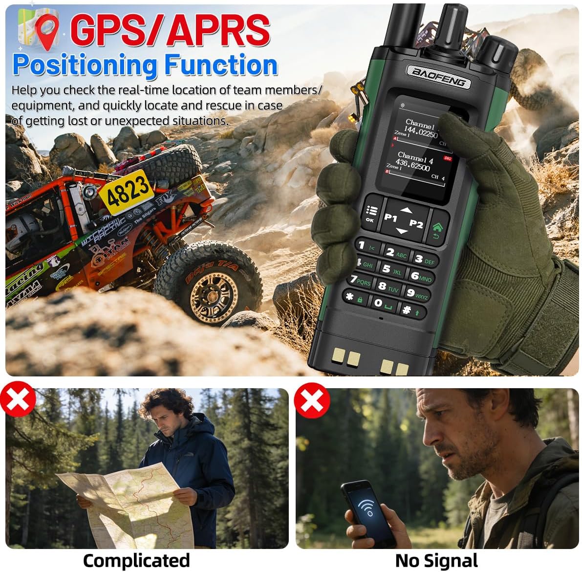 BAOFENG DM-32UV radio showing GPS/APRS positioning function in an outdoor setting