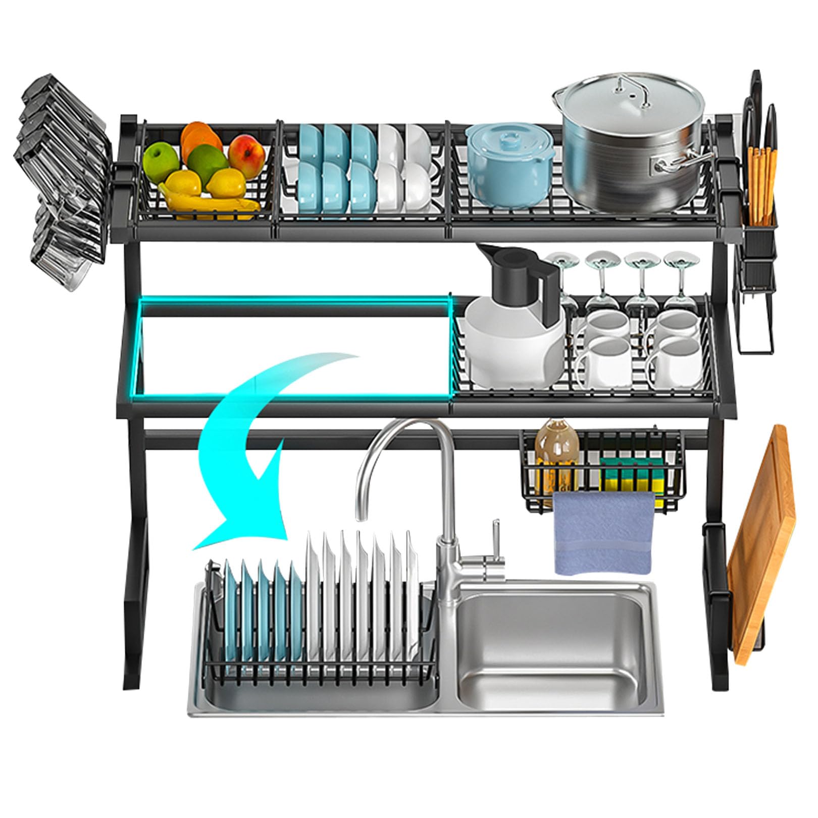 CAFIEDR Over The Sink Dish Drying Rack - 3 Tier Space Saver Kitchen Organizer With Utensil Holder, Large Drainer Shelf For Efficient Dish Storage And Drying Solutions.65cm/25.6in