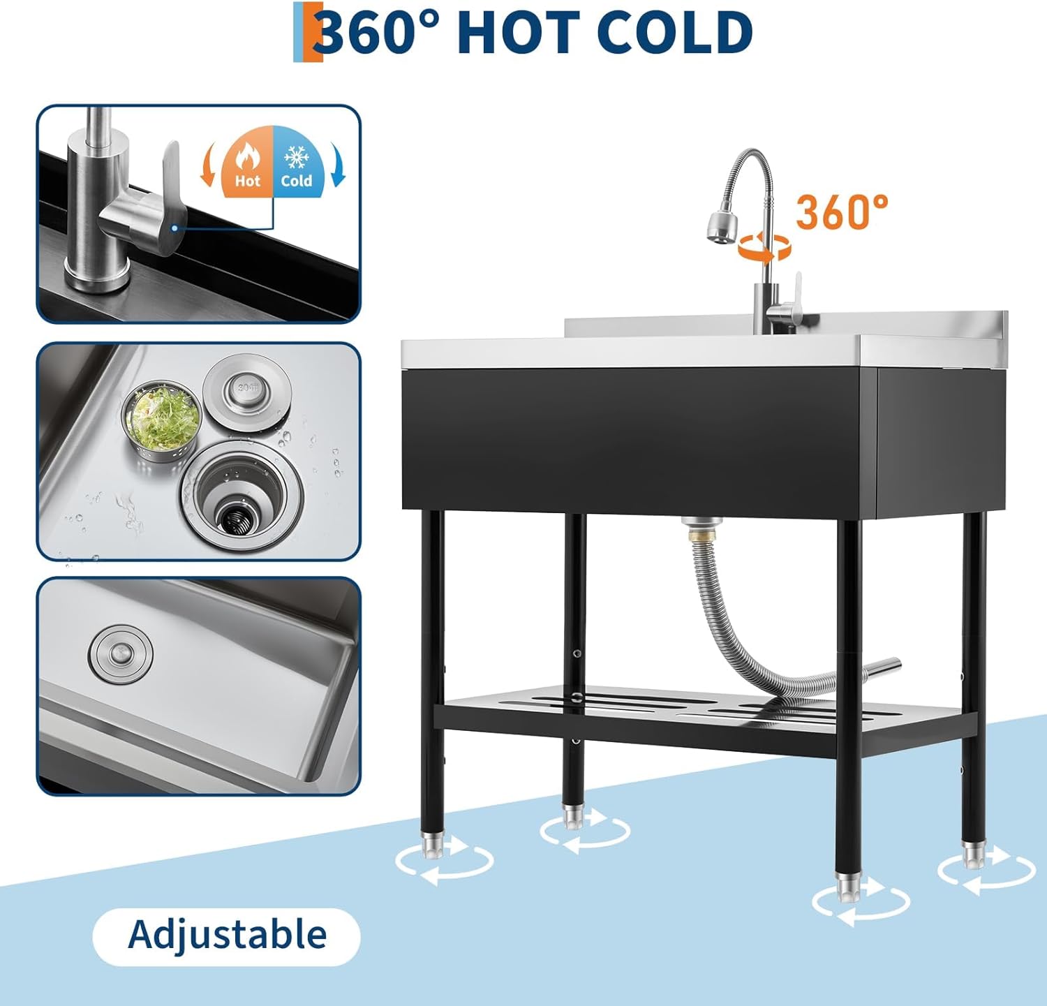 Garvee 36" Black Stainless Steel Utility Sink with Faucet, Adjustable Height Freestanding Commercial Sink with Hot & Cold Water, Shelf, Basket & Drain Kit for Kitchen, Garage, Laundry, or Outdoor Use