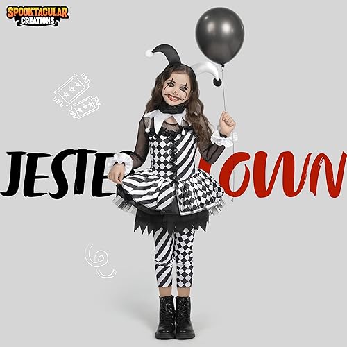 Miniatura 2 de Spooktacular Creations Disfraz de payaso para niñas, disfraz de payaso malvado de Halloween, vestido de payaso blanco y negro para niñas de Halloween