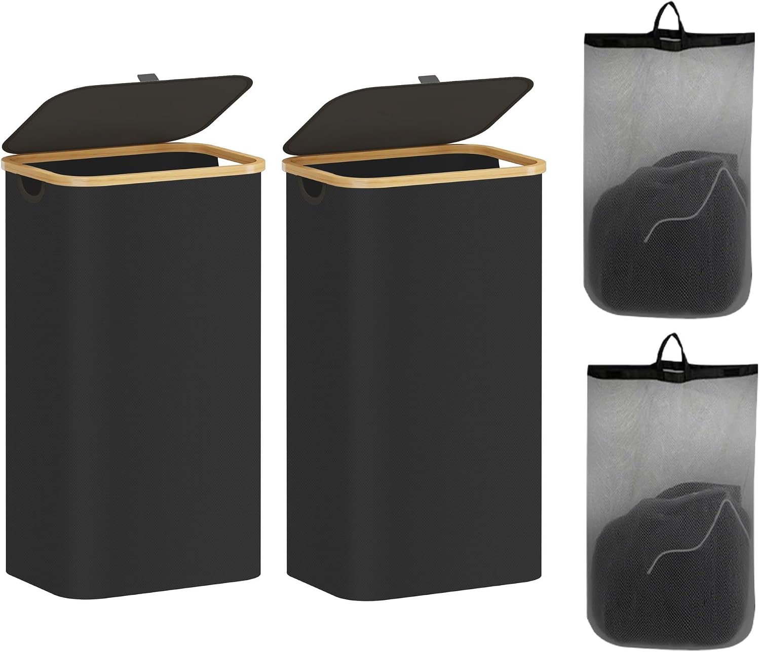 2-Pack 100L Bathroom Dirty Clothes Basket, Laundry Hamper with Lid, Collapsible Laundry Basket, Bedroom Storage Case with Bamboo Support (Black)