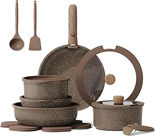 CAROTE 17PCS Pots and Pans Set Non Stick with Detachable Handle, Nonstick Cookware Sets, Cooking Kitchen Set, Oven/Dishwasher Safe, Induction Cookware, Brown, RV Kitchen Pot and Pan