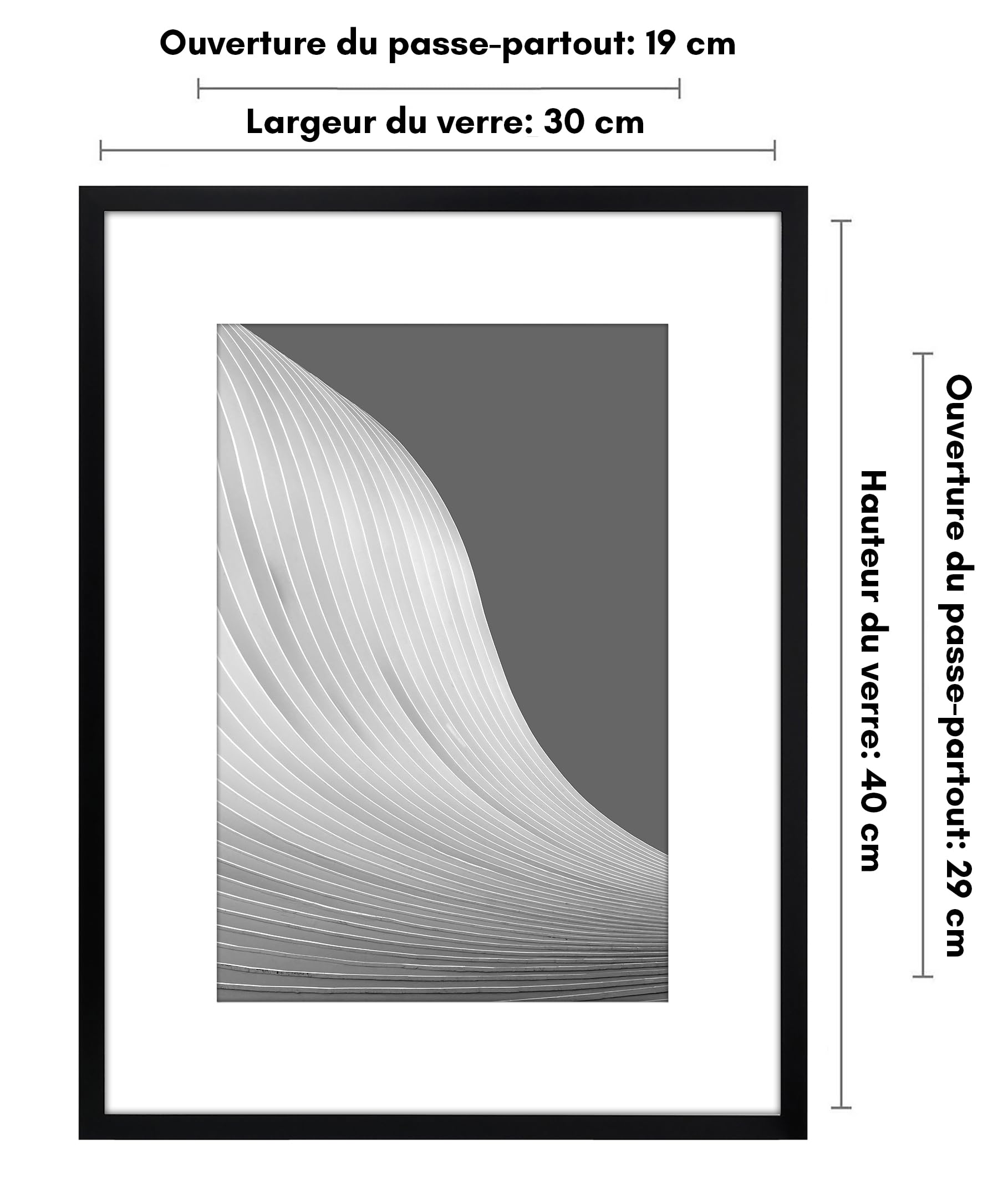 Cadre Photo Bois 30x40cm Wyewye - Avec Passepartout - Plexiglas Incassable - Noir - Pour Photo 20x29 Ou 30x40