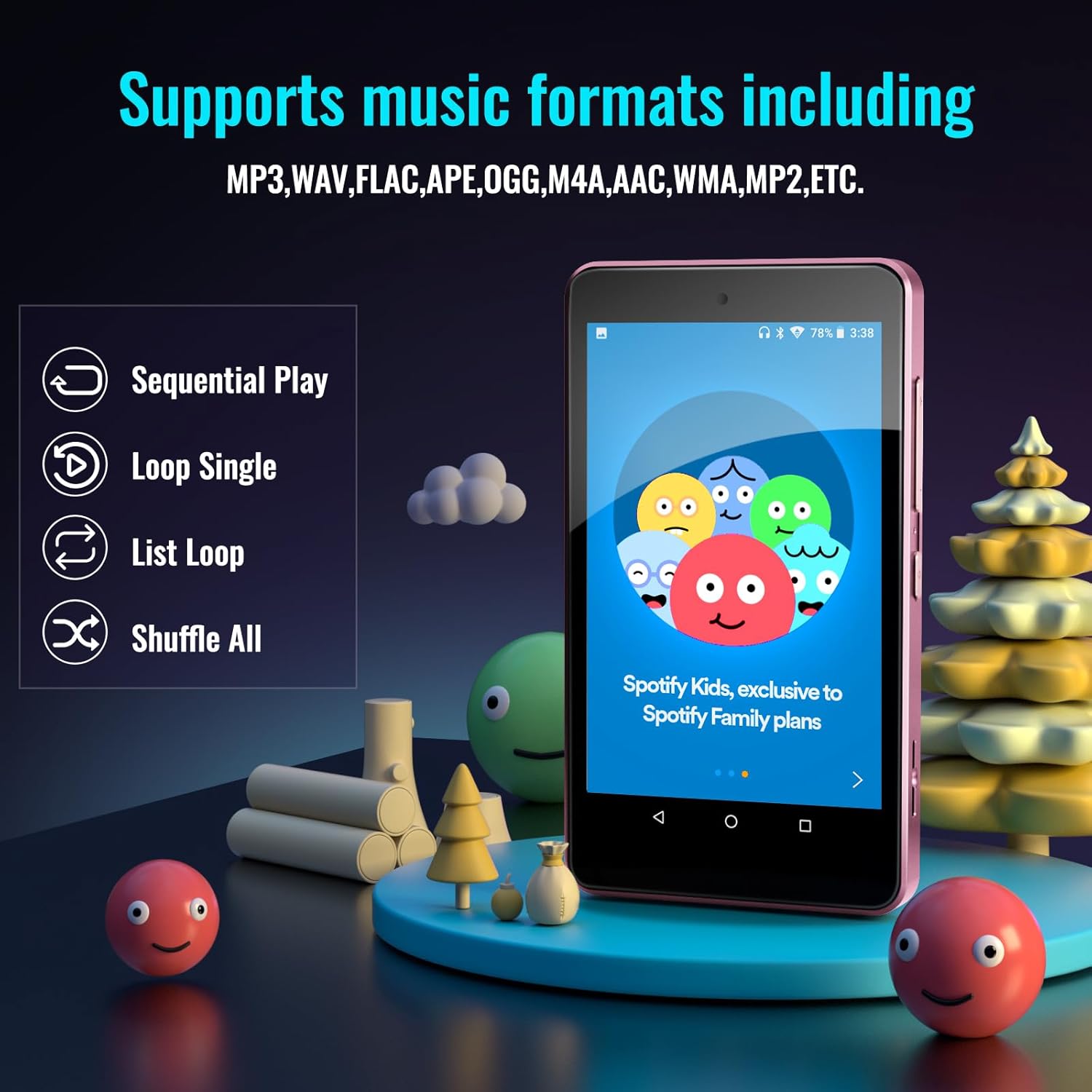 Luoran M4S MP3 Player screen showing music playback options like Sequential Play, Loop Single, List Loop, and Shuffle All.