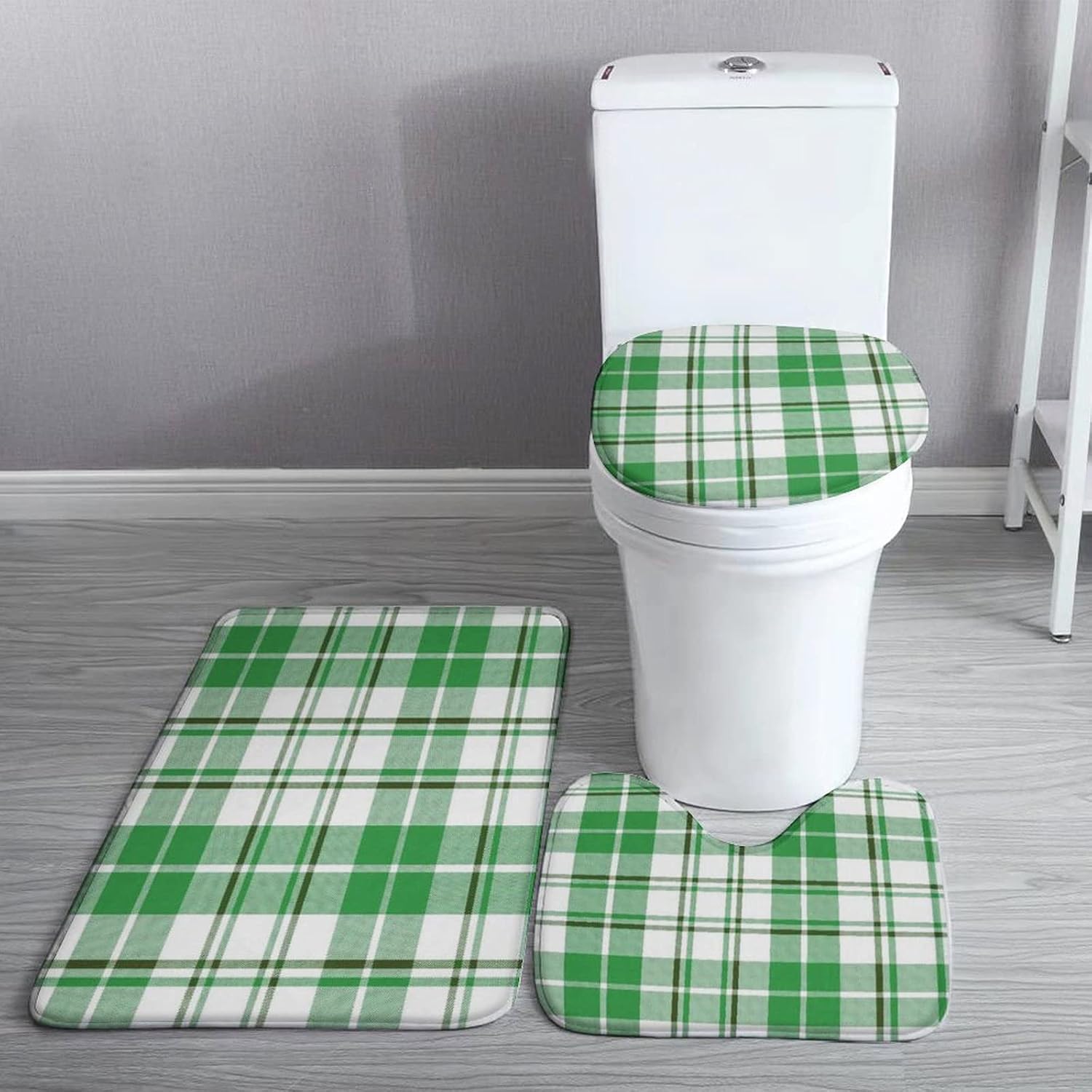 Green White Buffalo Check Plaid 3 Piece Bath Rug Sets St. Patrick's Day Spring Bath Mat Soft Non Slip Water Absorbent U-Shaped Contour Toilet Mat, Toilet Lid Cover for Bath Room