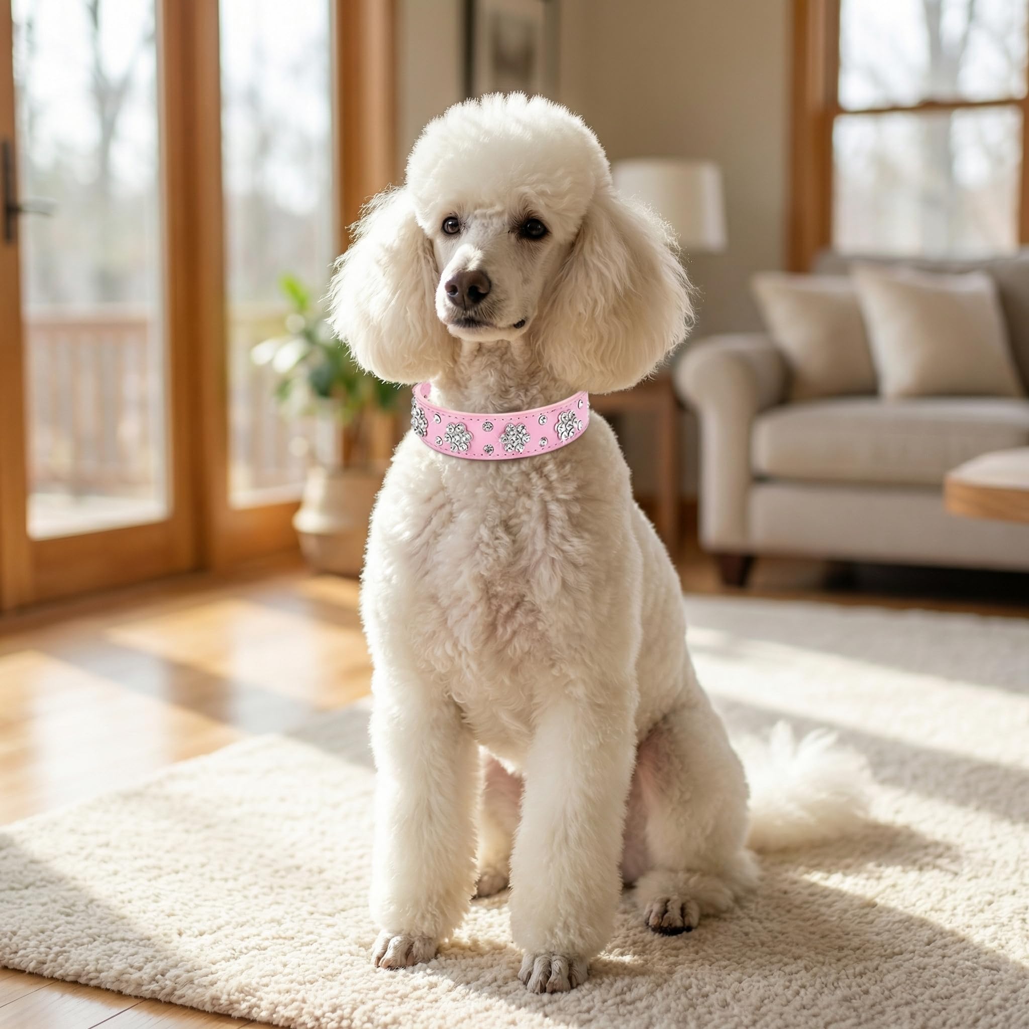 Collar de perro con diamantes de imitación, bonito collar de perro con diamantes de imitación, collar de piel sintética, tamaño ajustable, tamaño pequeño, mediano y grande (S: 21-27 cm, rosa)